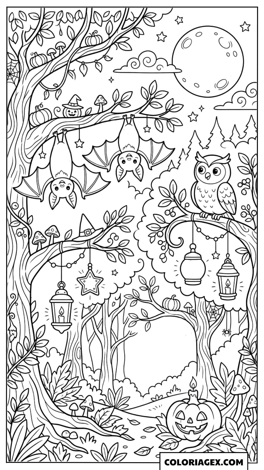 Coloriage Forêt Halloween avec hiboux et chauves-souris