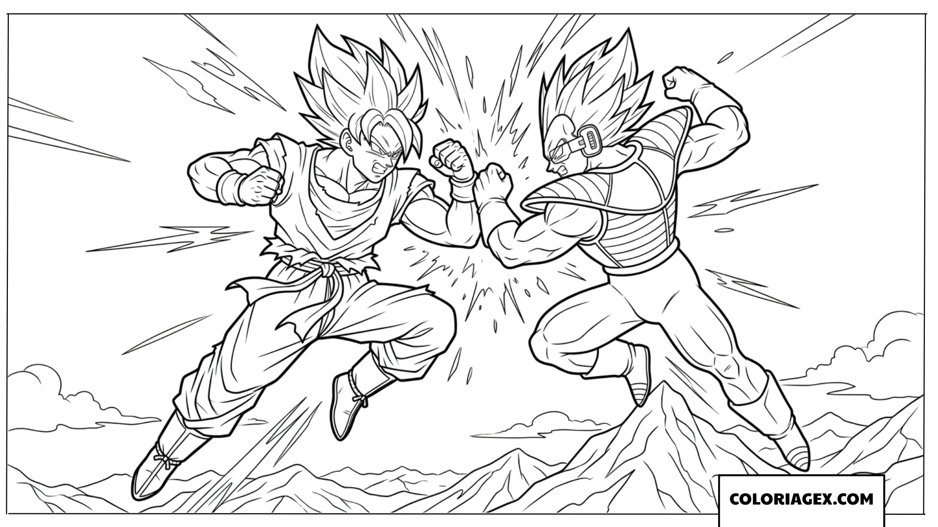 Coloriage Goku Super Saiyan combattant avec Vegeta