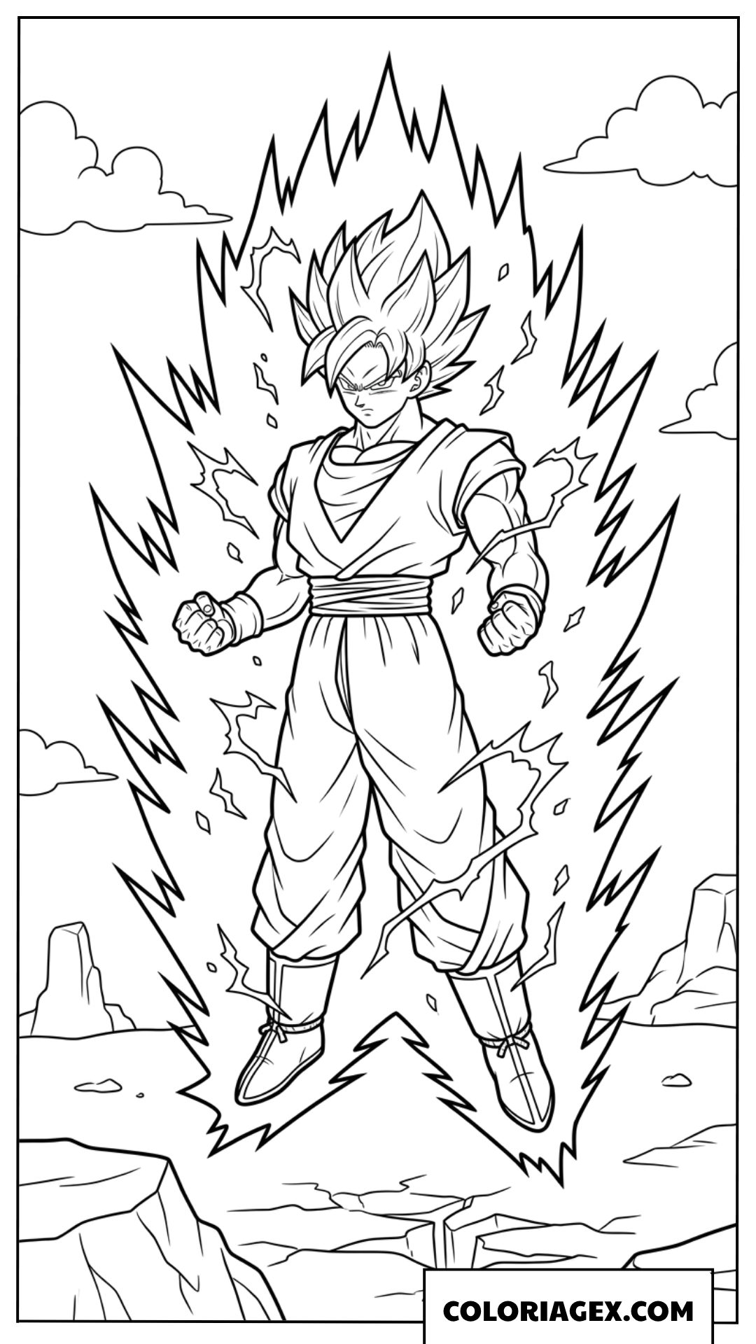 Coloriage Goku Super Saiyan flottant dans les airs