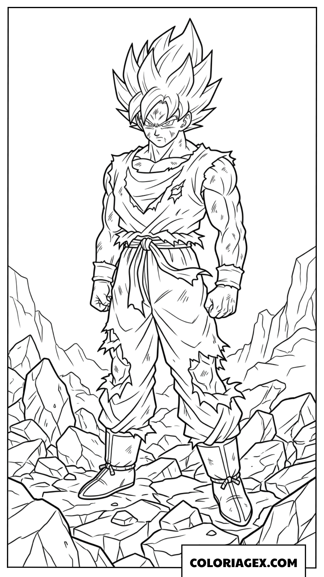 Coloriage Goku Super Saiyan sur un terrain rocheux
