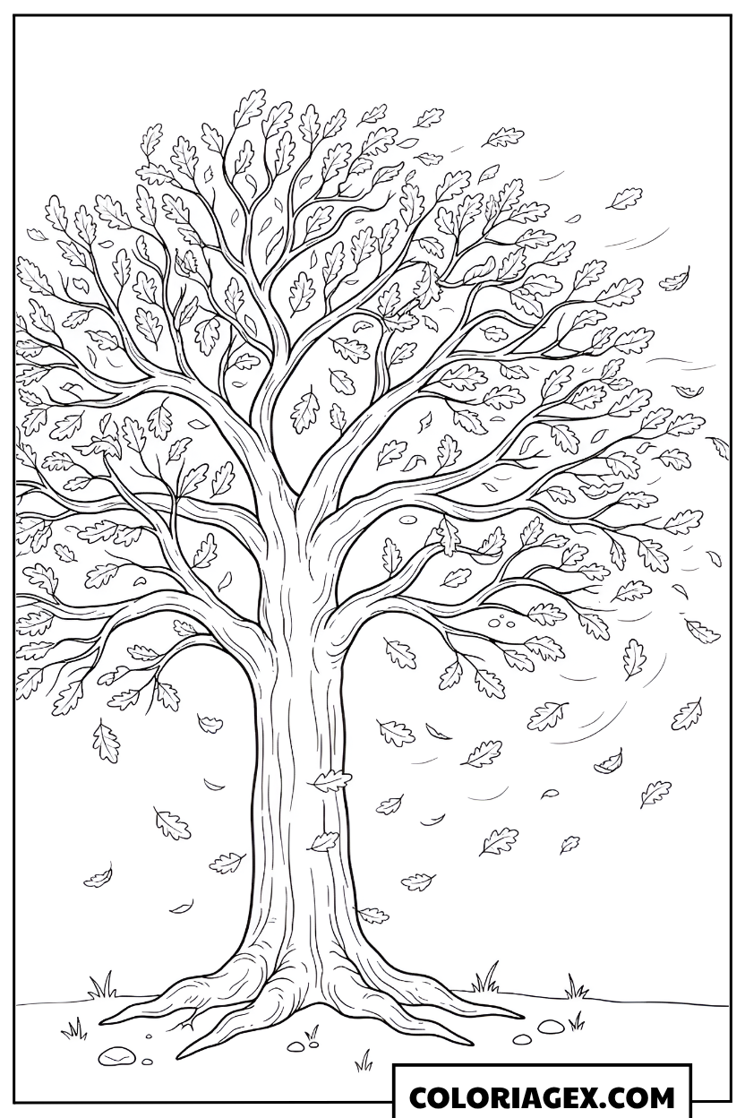 Coloriage Grand arbre en automne avec feuilles tombantes