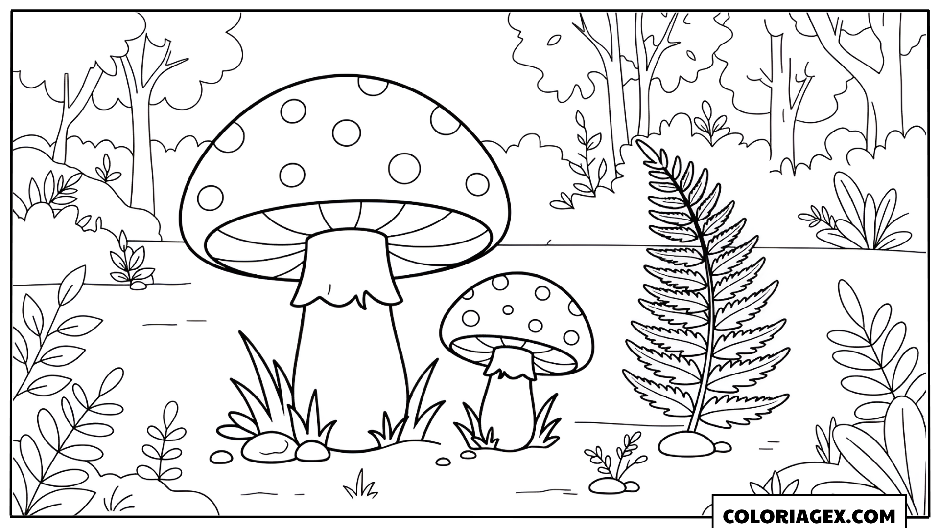 Coloriage Grands champignons dans la forêt