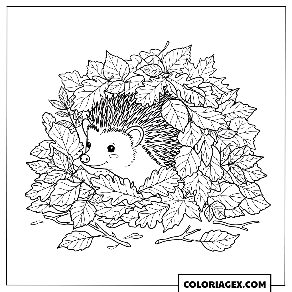 Coloriage Hérisson dans un nid de feuilles