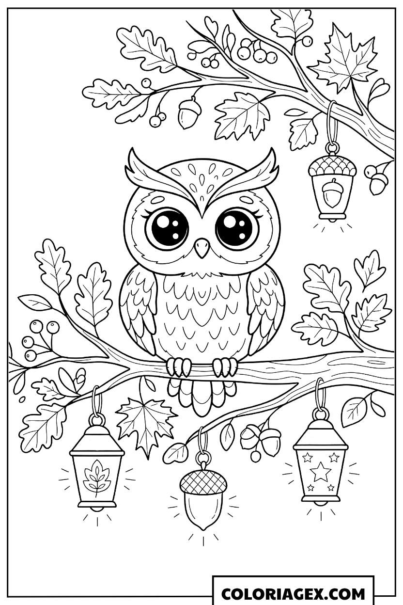 Coloriage Hibou kawaii sur une branche