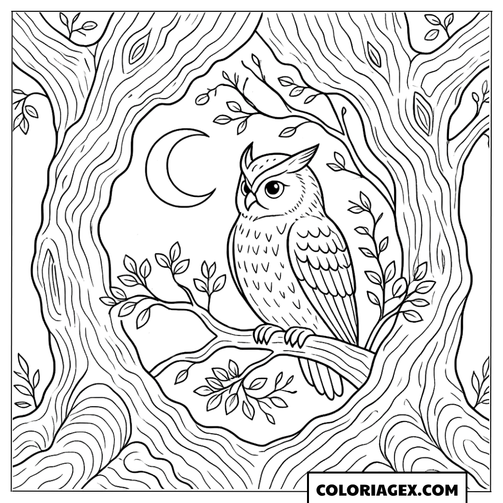 Coloriage Hibou sur une branche au clair de lune