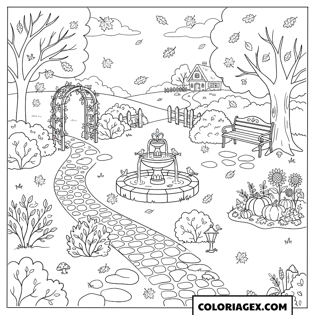 Coloriage Jardin avec fontaine et chemin