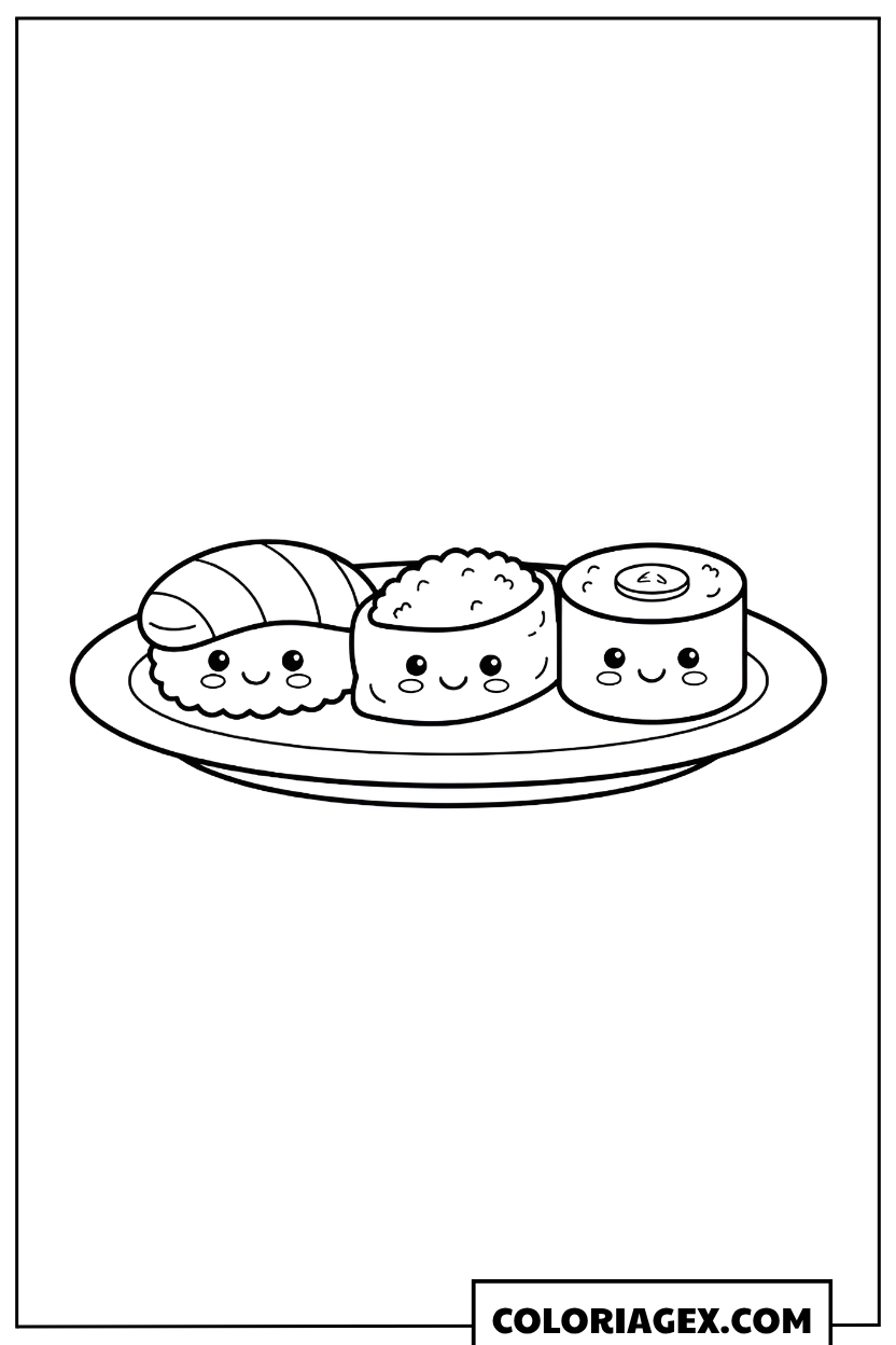 Coloriage Kawaii Assiette de Sushi