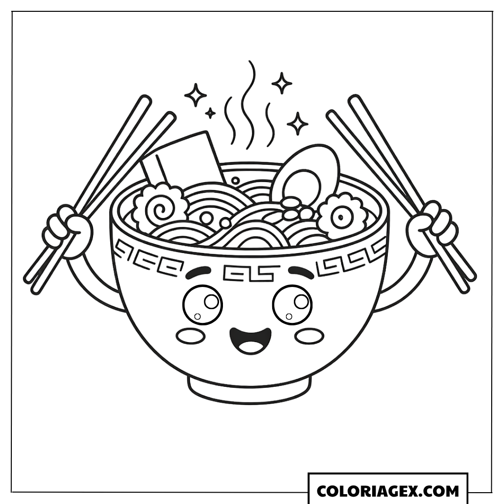 Coloriage Kawaii Bol de Ramen avec baguettes