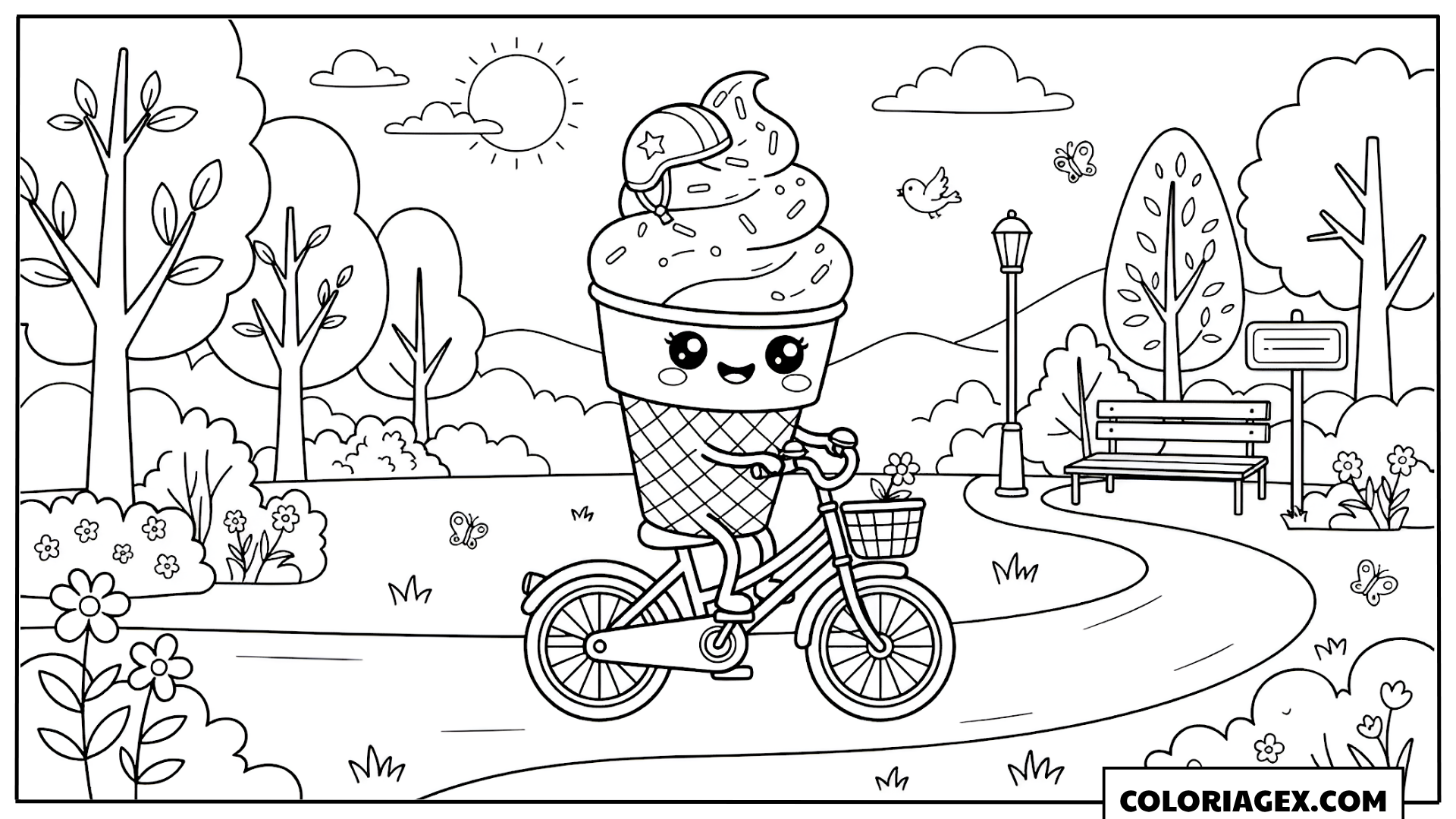 Coloriage Kawaii Cornet de glace à vélo