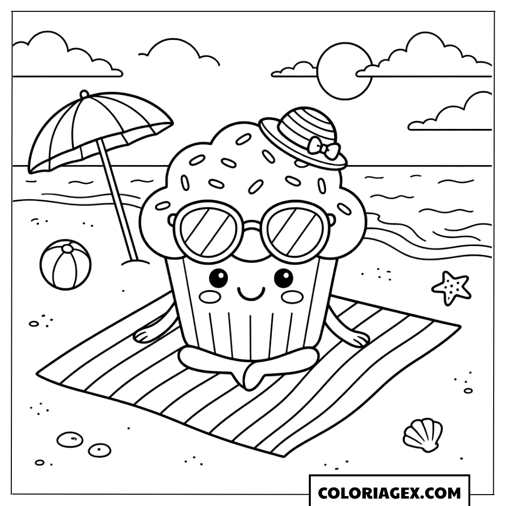 Coloriage Kawaii Cupcake à la plage
