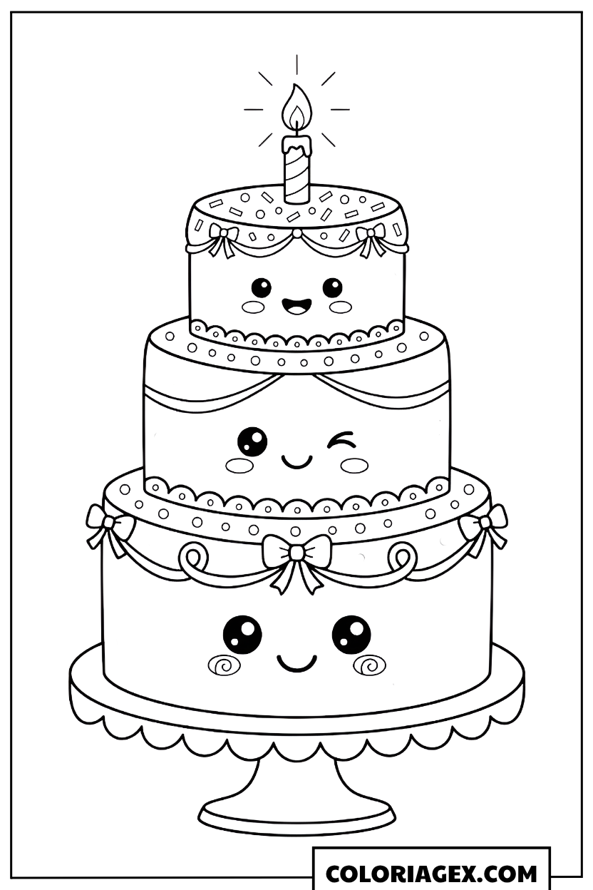 Coloriage Kawaii Gâteau d’anniversaire