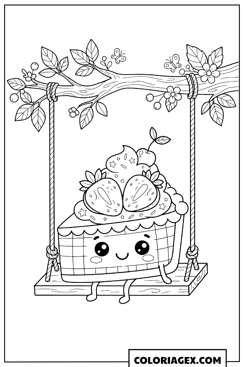 Coloriage Kawaii Panier de fruits sur balançoire