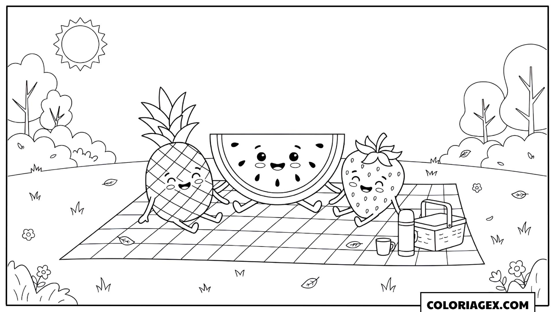 Coloriage Kawaii Pique-nique aux Fruits