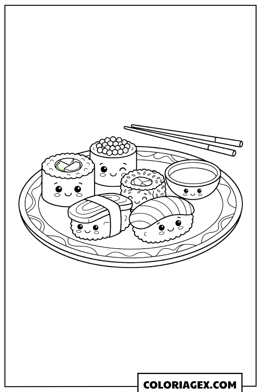 Coloriage Kawaii Plateau de Sushi
