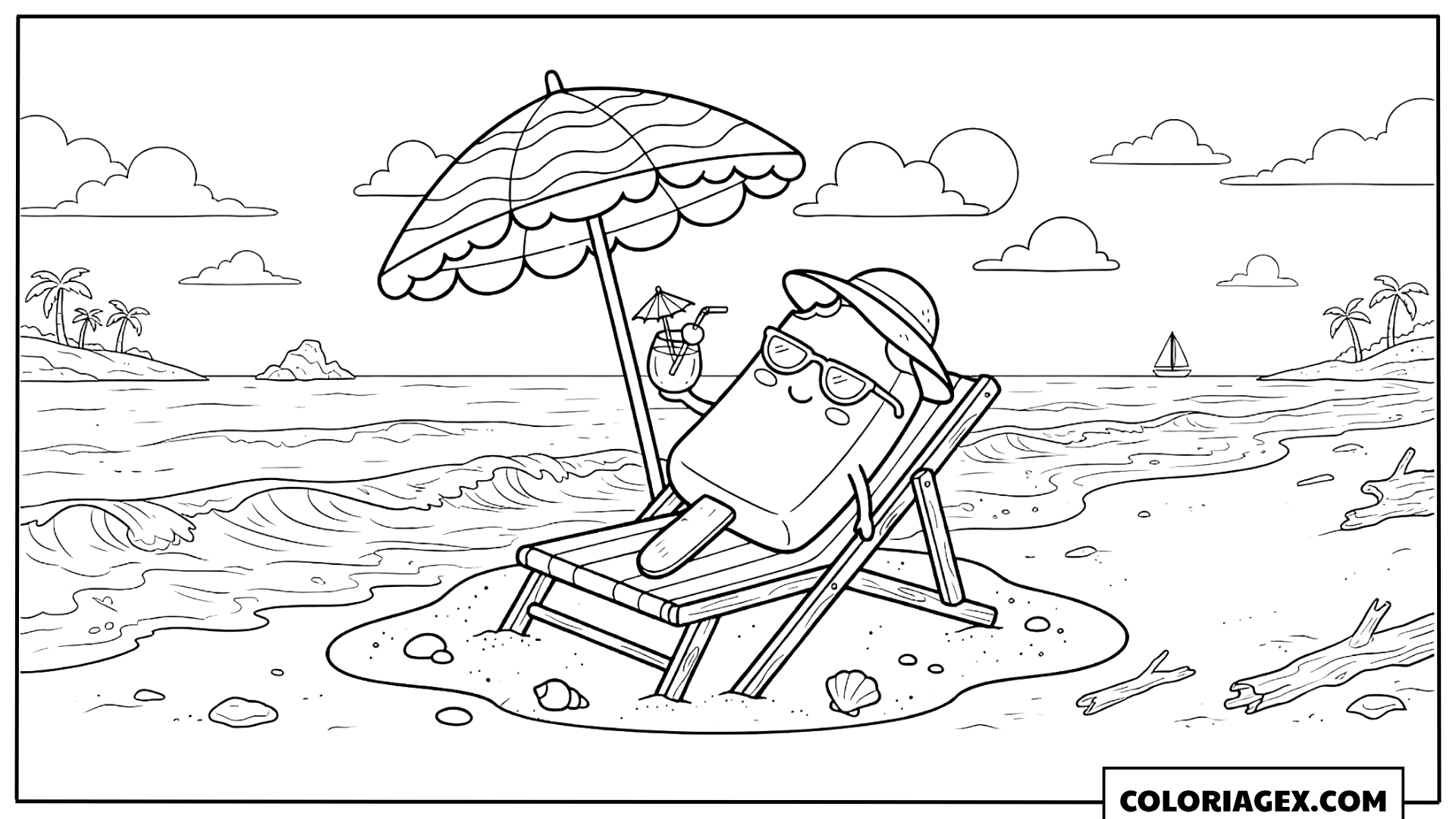 Coloriage Kawaii Transat à la plage