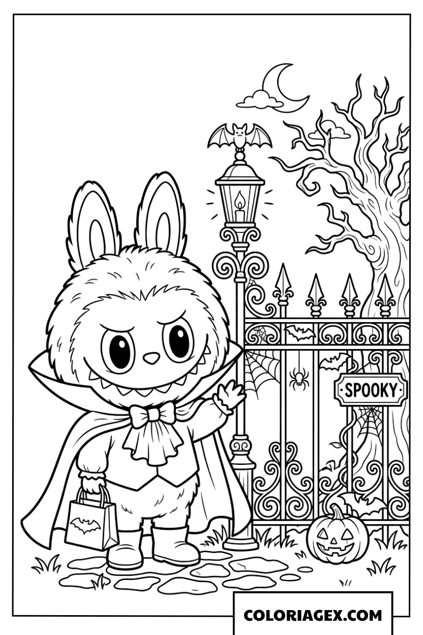 Coloriage Labubu en costume de vampire devant un portail de cimetière