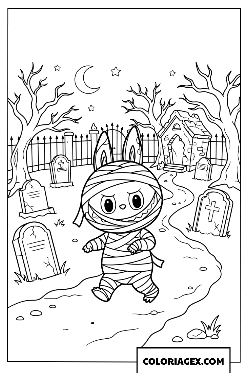 Coloriage Labubu momie marchant dans un cimetière sous la lune
