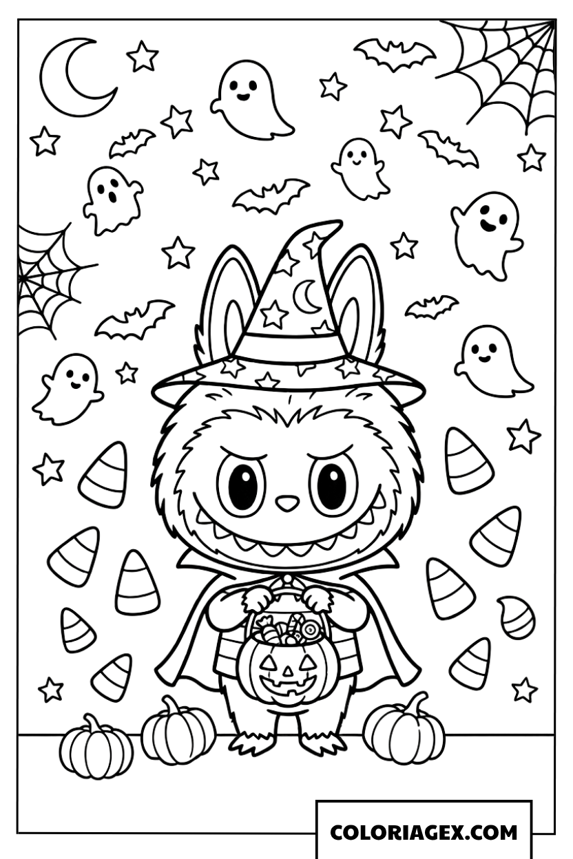 Coloriage Labubu sorcière entouré de fantômes et de bonbons