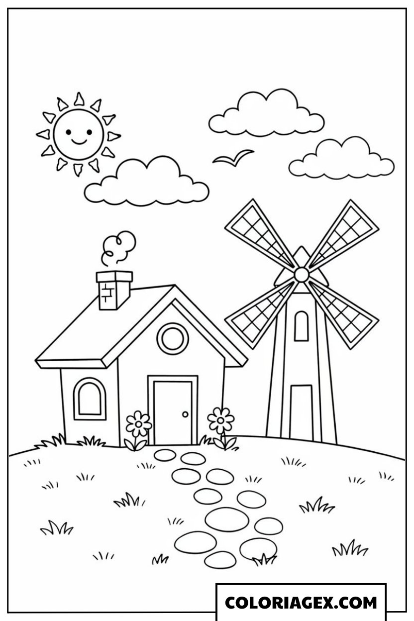 Coloriage Maison avec moulin à vent