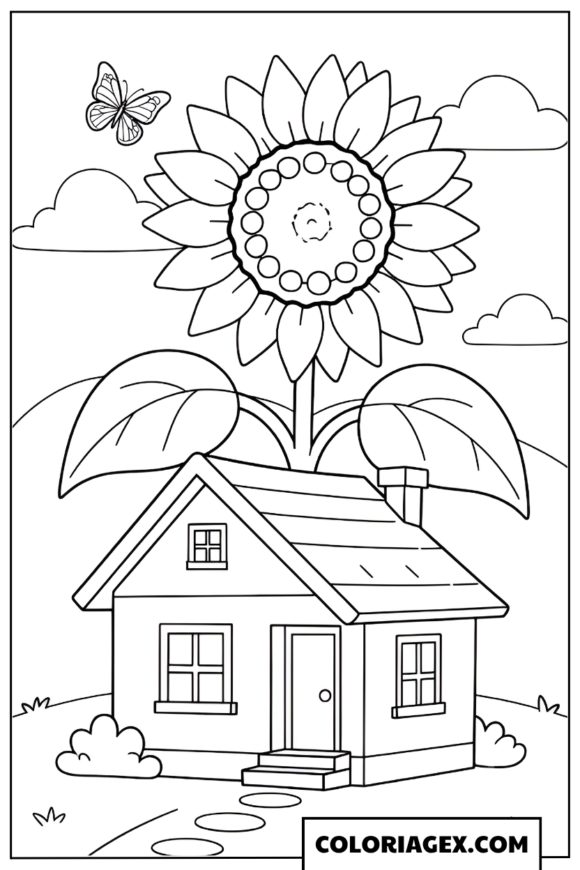 Coloriage Maison avec tournesol géant