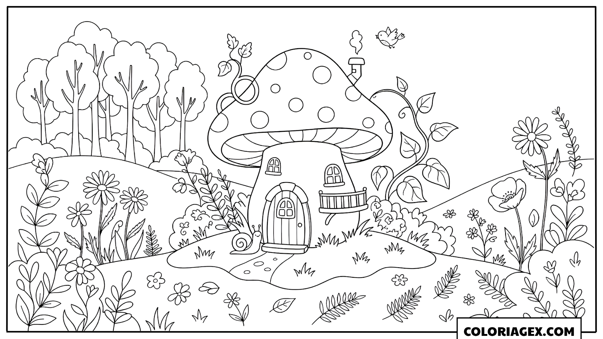Coloriage Maison champignon dans la forêt