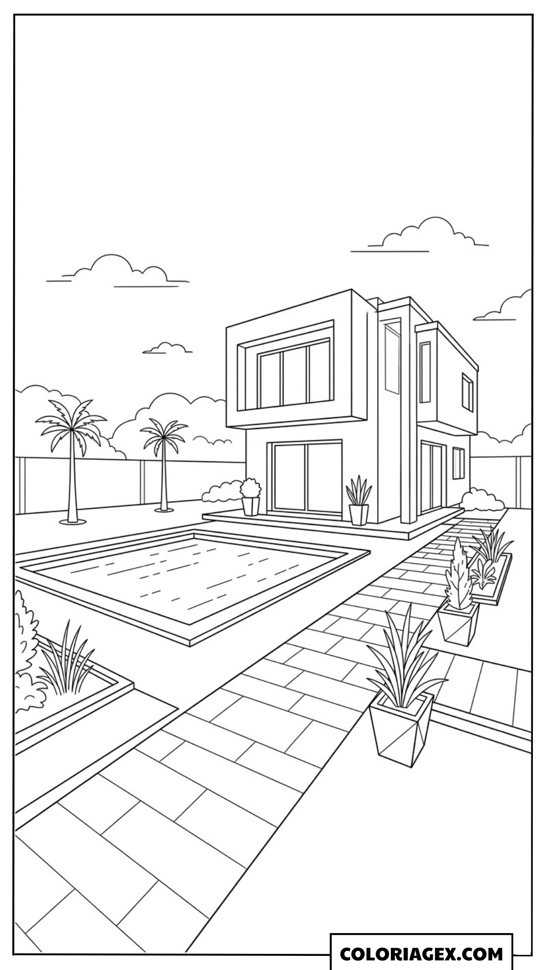 Coloriage Maison contemporaine avec piscine