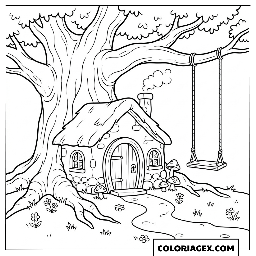 Coloriage Maison dans l’arbre avec balançoire