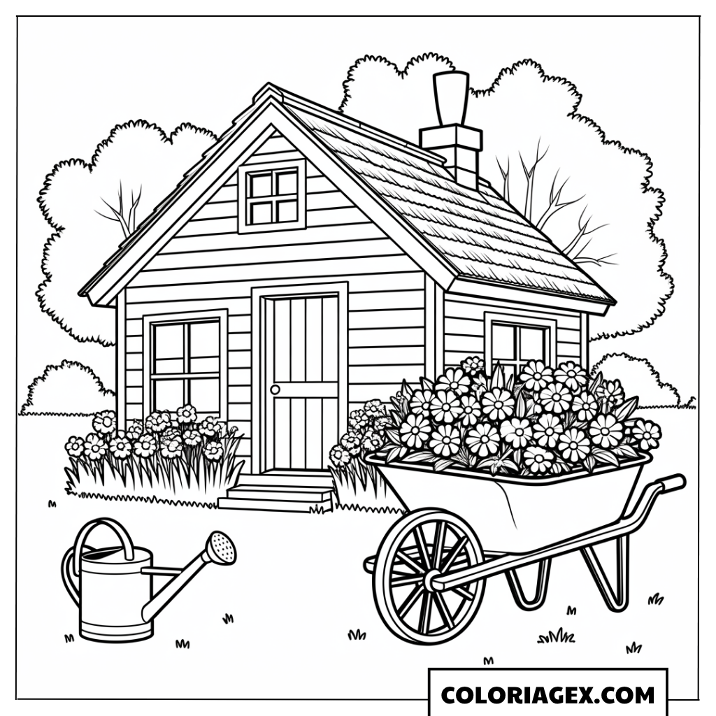 Coloriage Maison de campagne avec brouette
