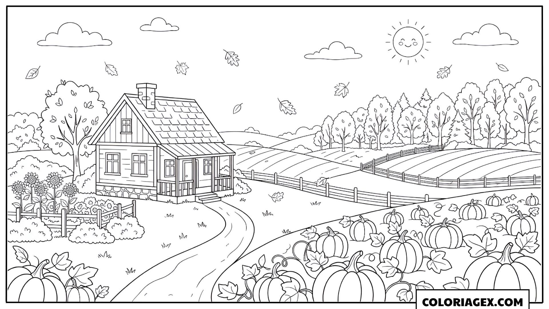 Coloriage Maison de campagne avec citrouilles