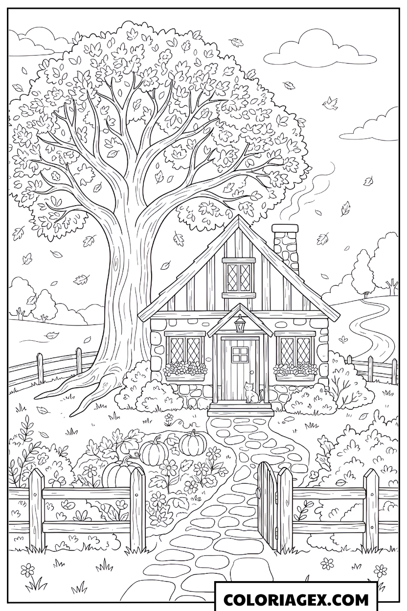 Coloriage Maison de campagne sous l’arbre