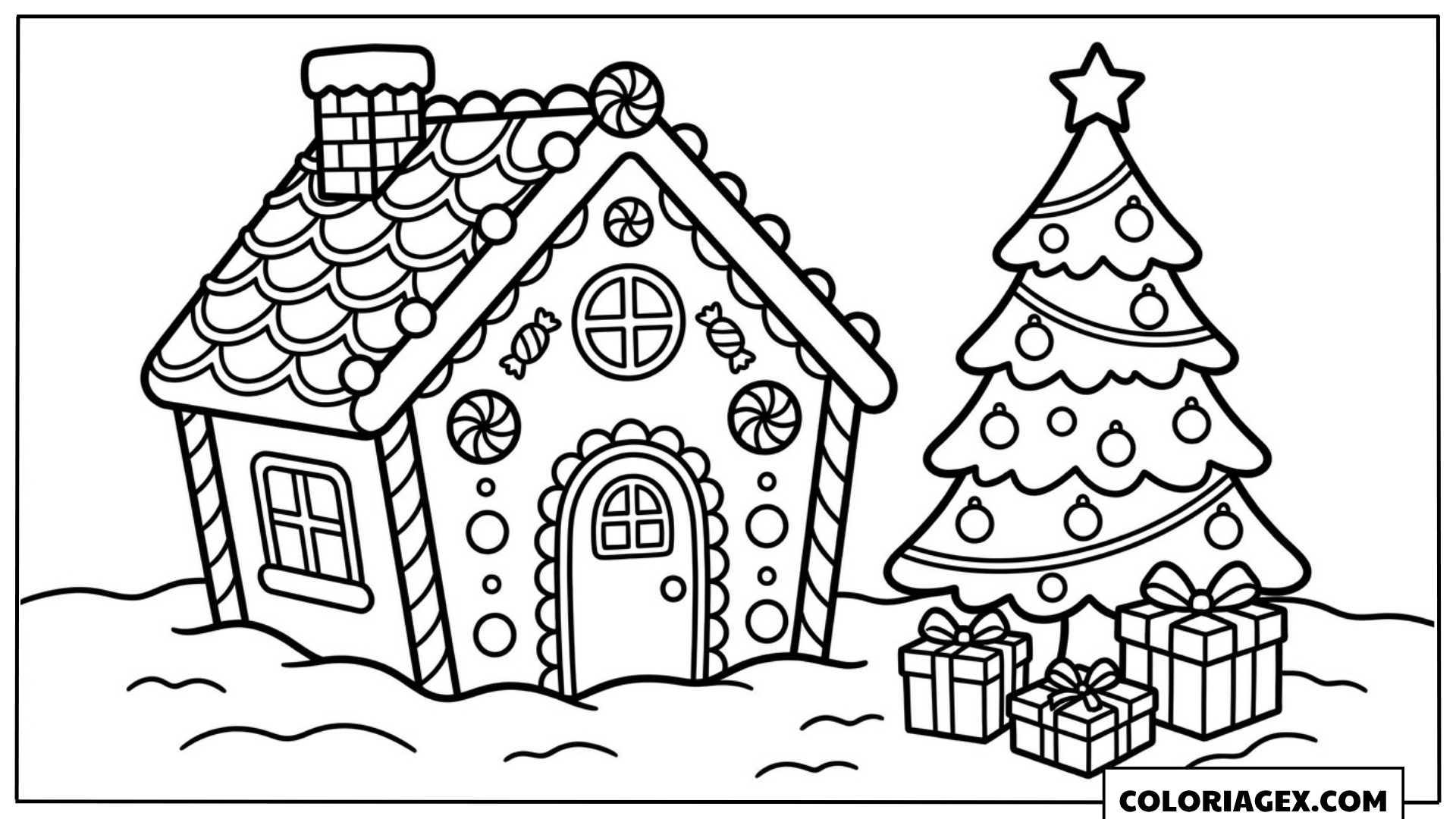 Coloriage Maison en pain d’épices avec sapin
