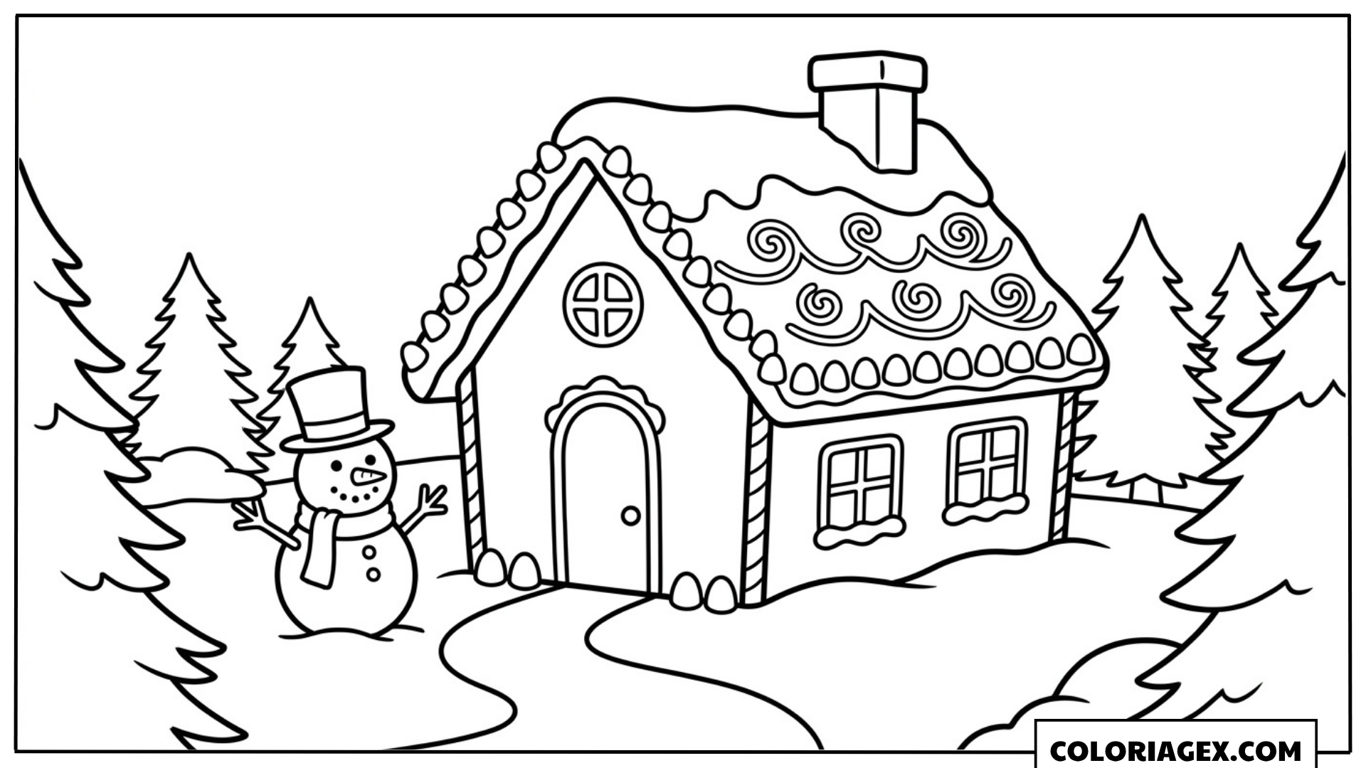 Coloriage Maison enneigée avec bonhomme de neige