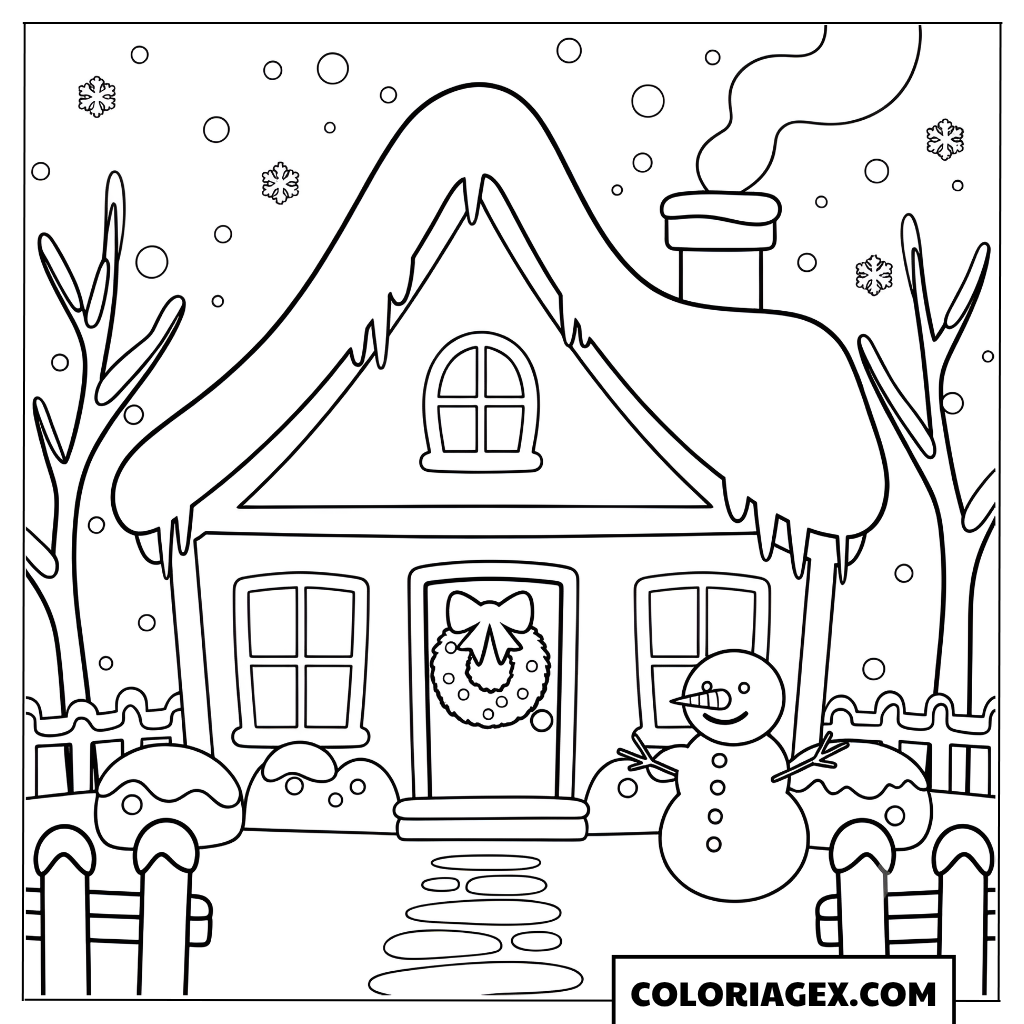 Coloriage Maison hivernale avec bonhomme de neige