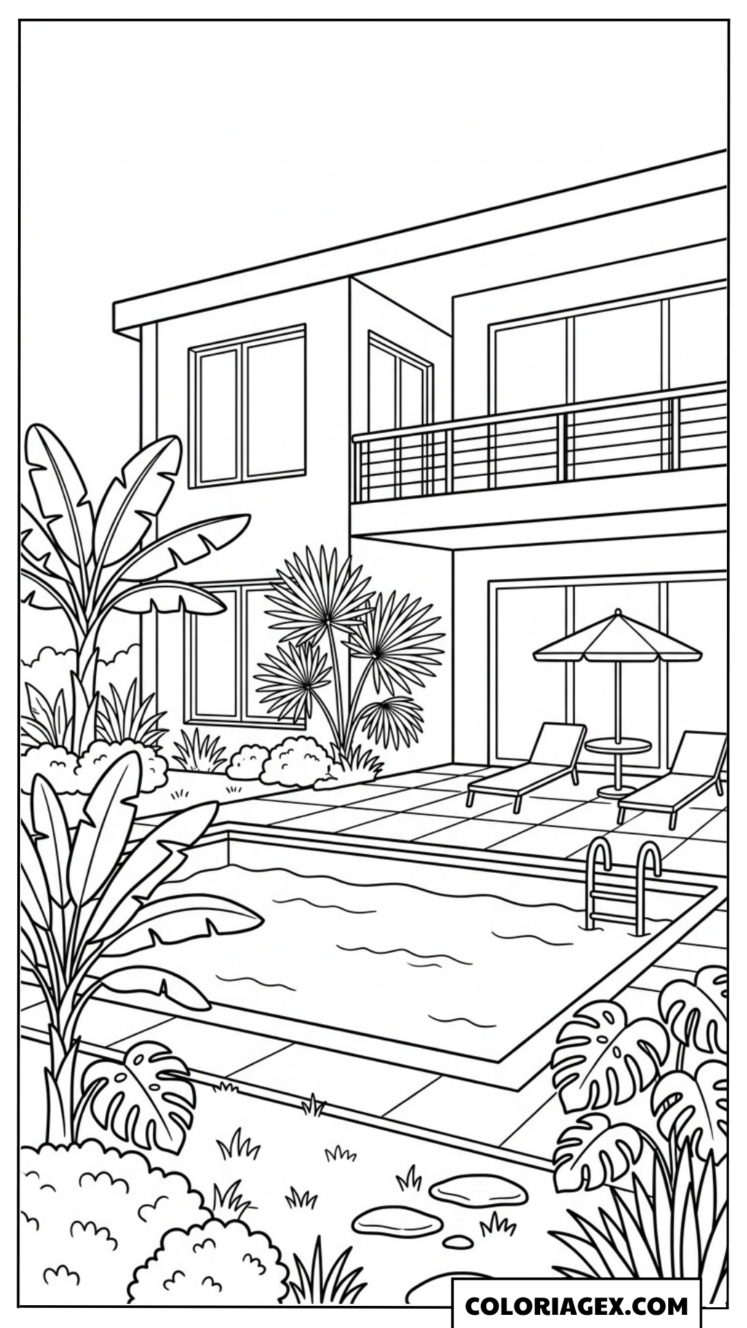 Coloriage Maison moderne avec piscine tropicale
