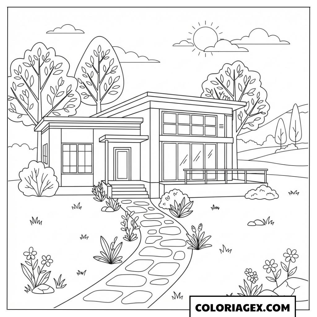 Coloriage Maison moderne dans la nature