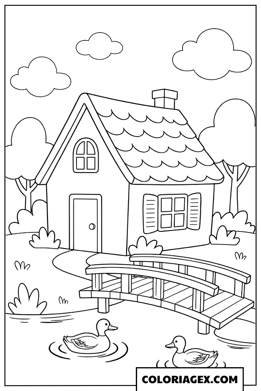 Coloriage Maison près de l’étang