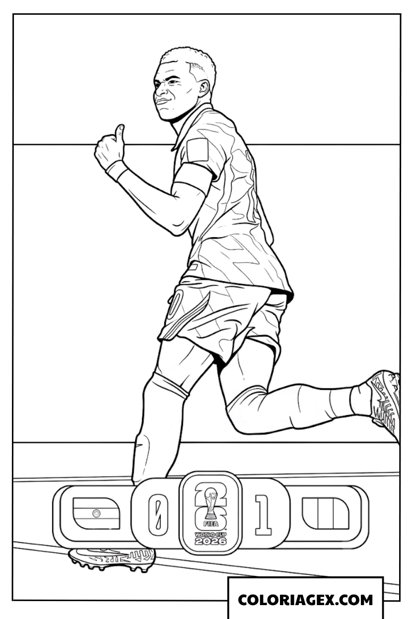 Coloriage Mbappe court de joie devant le tableau des scores zero un