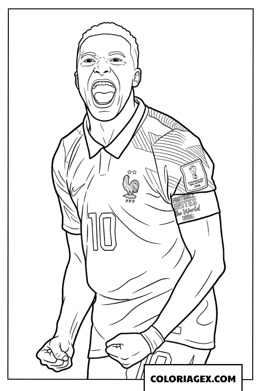 Coloriage Mbappe numero 10 celebre un but a la Coupe du Monde