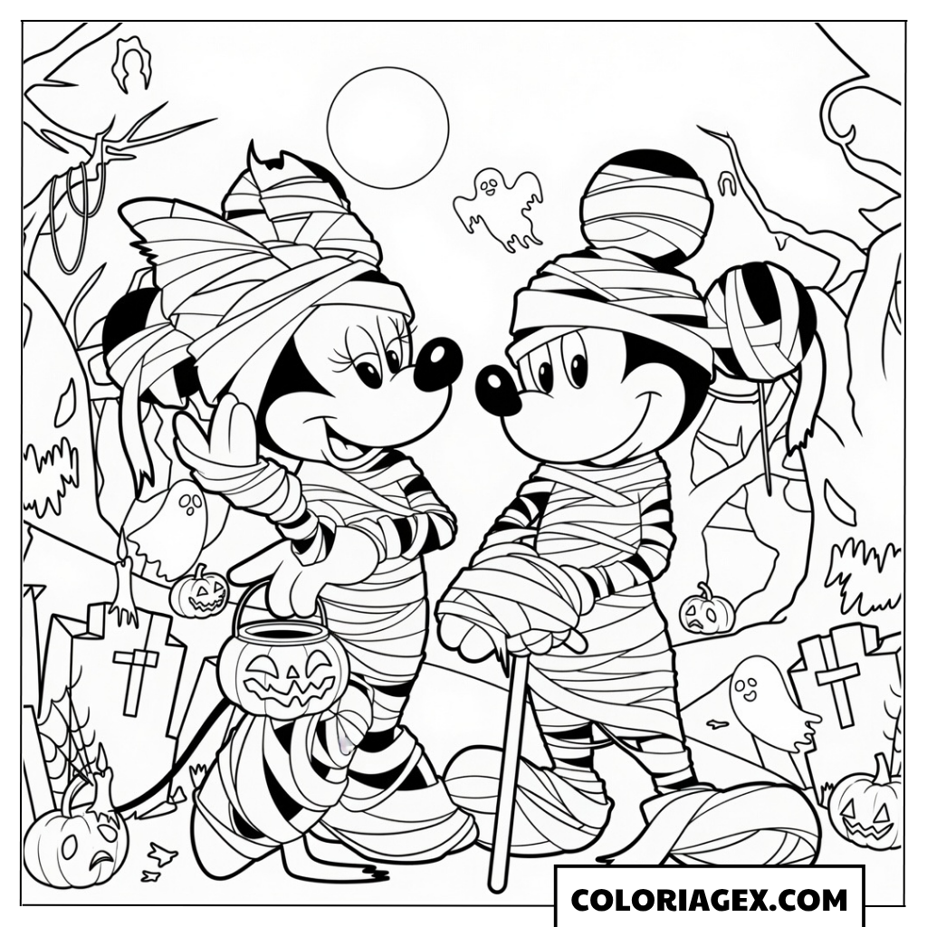 Coloriage Mickey et Minnie Mouse momies Halloween