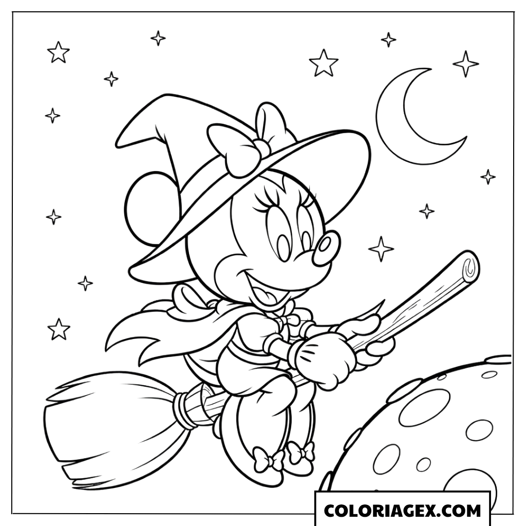 Coloriage Minnie Mouse sorcière sur son balai