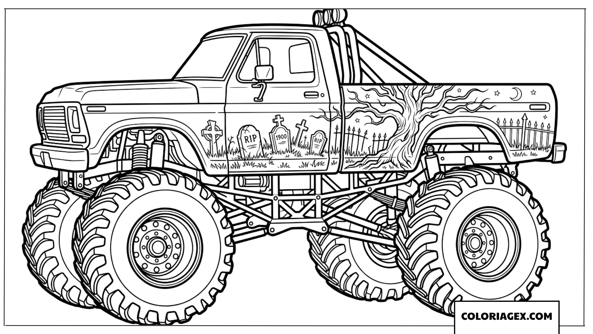 Coloriage Monster Truck avec motifs de cimetiere effrayant