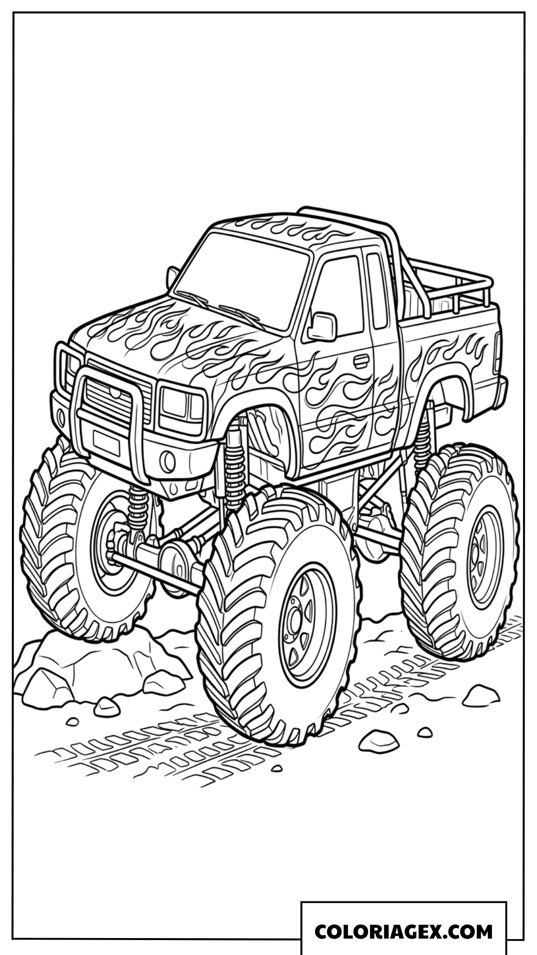 Coloriage Monster Truck avec motifs de flammes sur la carrosserie