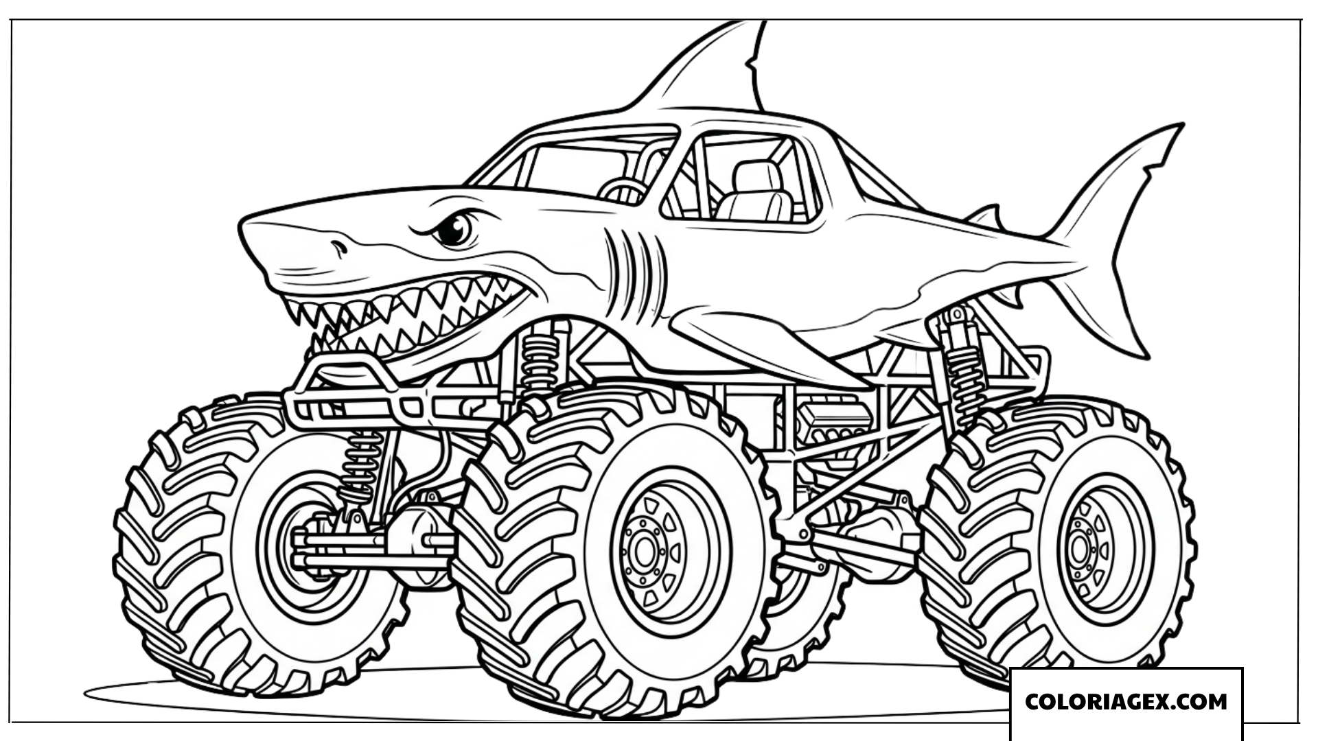Coloriage Monster Truck en forme de requin aux dents acerees