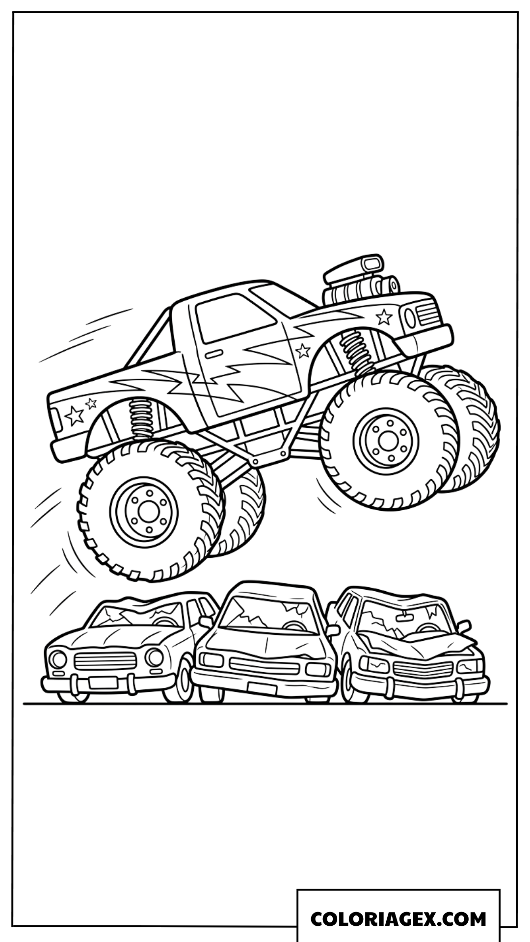 Coloriage Monster Truck spectaculaire sautant par dessus des voitures