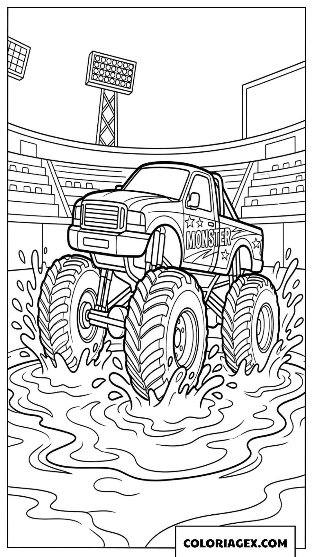 Coloriage Monster Truck traversant une grande flaque de boue