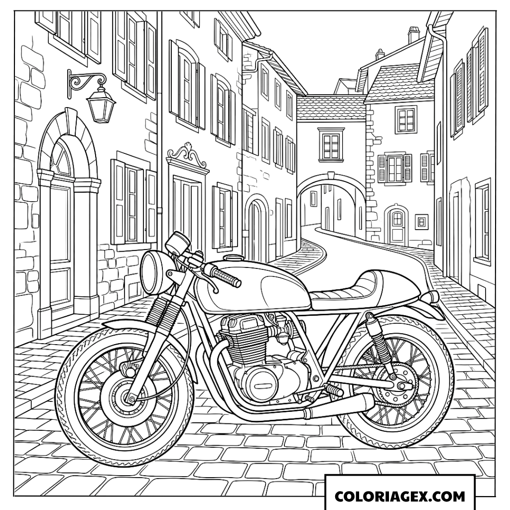 Coloriage Moto Cafe Racer Dans Rue Ancienne