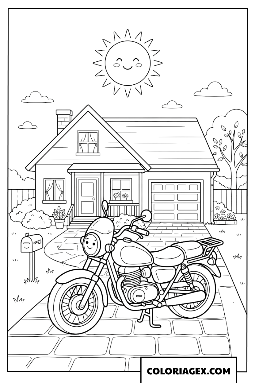 Coloriage Moto Devant Jolie Maison Pour Enfant