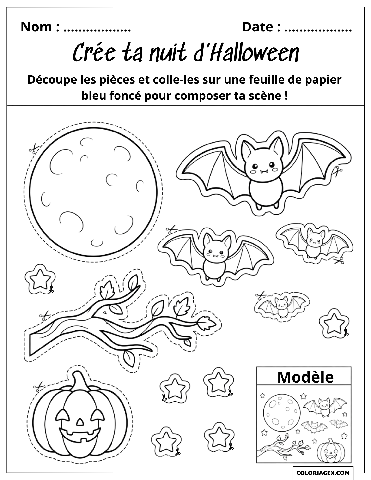 Coloriage Nuit d’Halloween avec Chauves-souris à Découper et Coller sur Papier Foncé