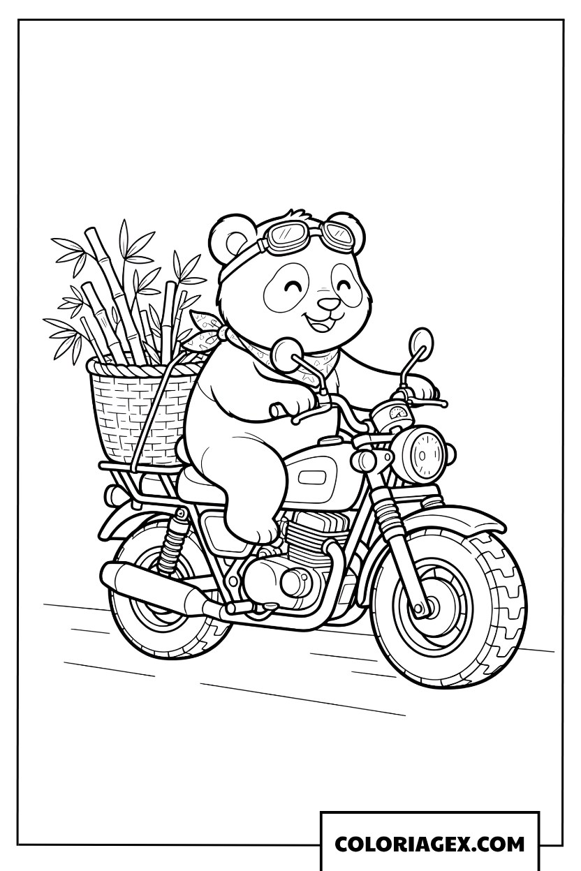 Coloriage Panda Mignon Conduisant Moto Bambou