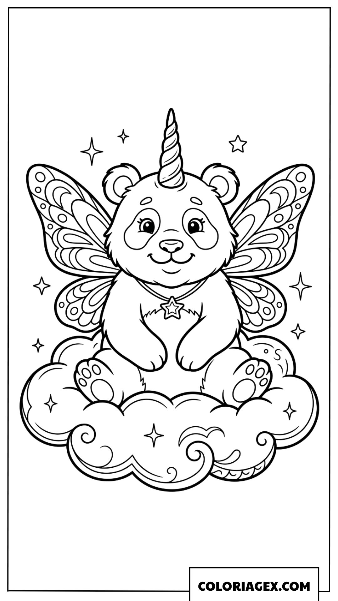 Coloriage Panda licorne mignon assis sur un nuage magique